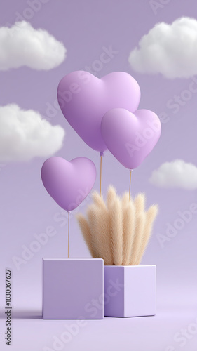 A playful and stylized vertical 3D scene featuring three matte lavender heart-shaped balloons floating above a minimalist composition of stacked lavender cube podiums