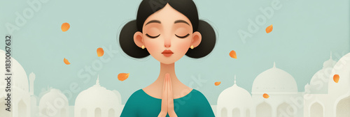 A graceful, stylized horizontal illustration of a young woman with dark hair in a double-bun hairstyle, hands clasped in namaste/prayer pose
