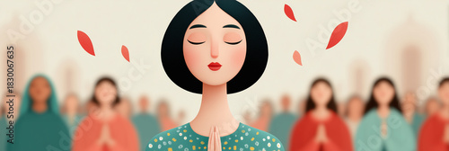 Stylized horizontal illustration of a woman with dark hair in a modest teal dress with light polka dots, standing with hands in a prayer pose (namaste/anjali mudra) against a backdrop