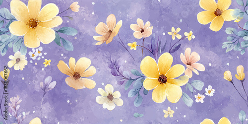 Vibrant watercolor seamless pattern with abstract yellow and white cosmos-like flowers and lush foliage set against a dreamy, textured lavender