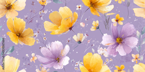 A captivating repeating design featuring large, expressive yellow and pale lilac blossoms with dark centers, scattered across a subtle periwinkle and soft purple watercolor wash