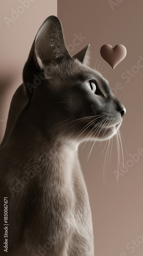 Stunningly realistic portrait of an elegant Abyssinian or short-haired cat in profile, with a sleek, charcoal-brown coat, looking intently into the distance.