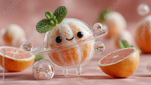 Adorable 3D mascot rendering of a cute, stylized orange or mandarin character encased in a clear glass dome, resembling a planet with a small orbiting ring.