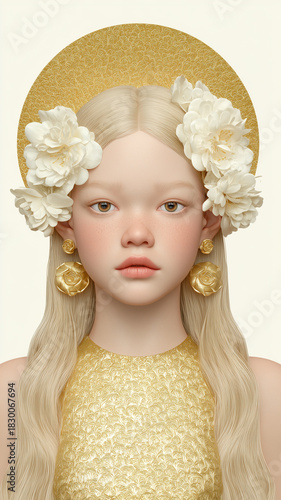 Illustration portrait of a fair-haired woman, embodying the aesthetic of a mythical queen or goddess, wearing an elaborate flower crown