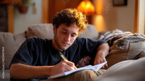 A young man sketching in a journal with a pen, sprawled on a cozy living room couch at dusk. 