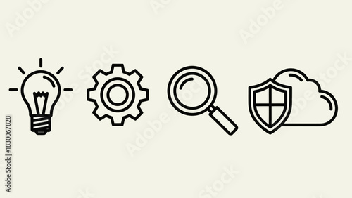 Conceptual Icons Representing Ideas, Settings, Search, and Cloud Security.
