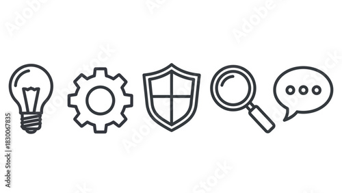 Conceptual Icons Representing Ideas, Settings, Security, Search, and Communication.