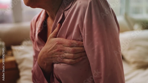 Close-up of mature woman feeling strong chest pain, heart failure symptoms