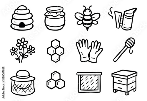 Hand-drawn doodle beekeeping icons — beehive, honey jar, bee, and smoker — stock vector.
