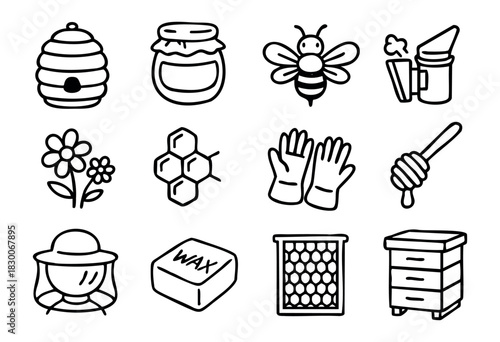 Hand-drawn doodle beekeeping icons — beehive, honey jar, bee, and smoker — stock vector.