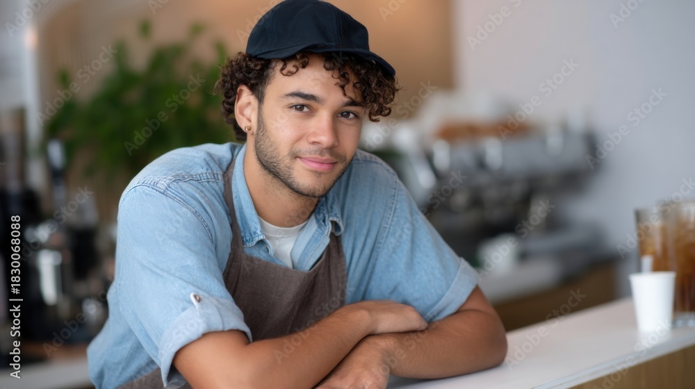 Fototapeta premium A barista in a bustling urban cafe, leaning on the counter and looking confidently at the camera. 