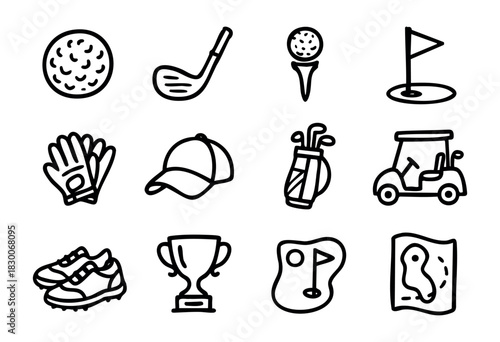 Hand-drawn doodle golf icons — club, ball, tee, and trophy — stock vector.