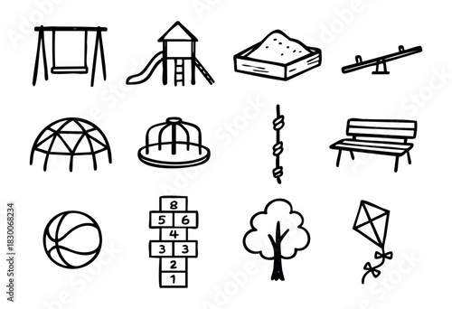 Hand-drawn doodle playground icons — swing, slide, sandbox, and ball — stock vector.