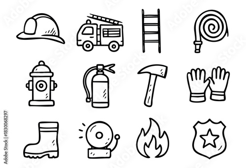 Hand-drawn doodle firefighter and rescue icons — helmet, truck, hydrant, and hose — stock vector.