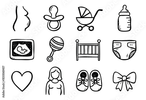 Hand-drawn doodle pregnancy and baby care icons — bottle, pacifier, stroller, and diaper — stock vector.