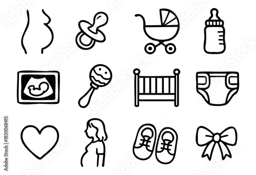 Hand-drawn doodle pregnancy and baby care icons — bottle, pacifier, stroller, and diaper — stock vector.