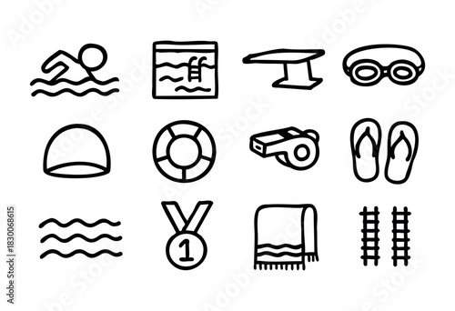 Hand-drawn doodle swimming and pool icons — swimmer, goggles, lifebuoy, and medal — stock vector.
