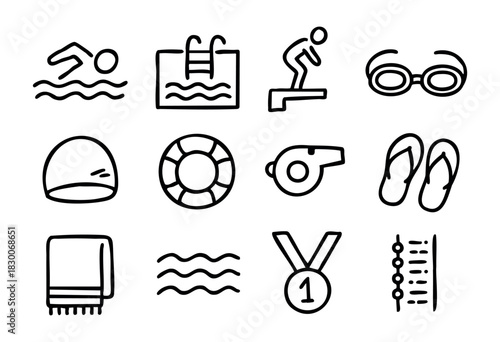 Hand-drawn doodle swimming and pool icons — swimmer, goggles, lifebuoy, and medal — stock vector.