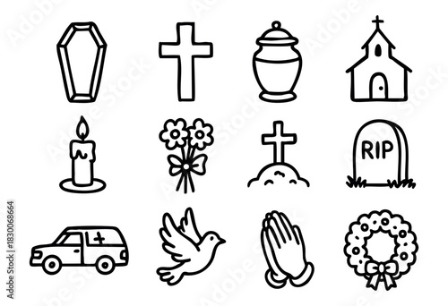 Hand-drawn doodle funeral and memorial icons — coffin, cross, candle, and dove — stock vector.