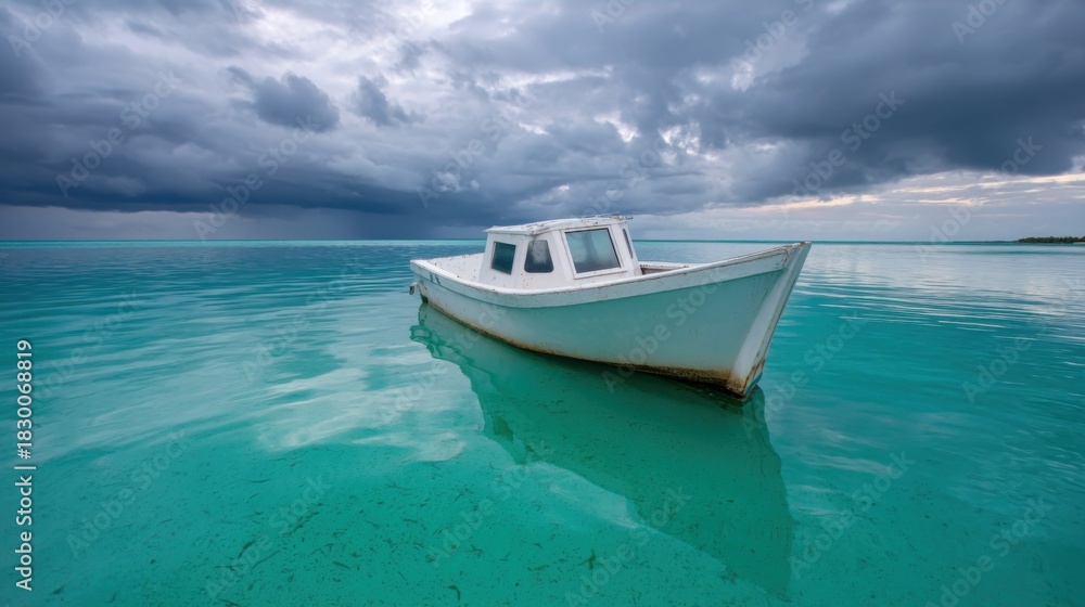 Naklejka premium An abandoned fishing boat half-submerged in shallow emerald waters, reflecting a stormy tropical sky. 