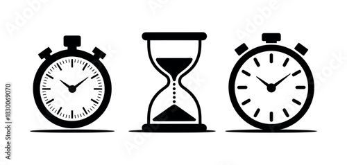 Illustration of two stopwatches and an hourglass in black and white style
