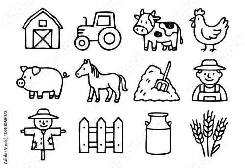Hand-drawn doodle farm icons — barn, tractor, cow, and farmer — stock vector.