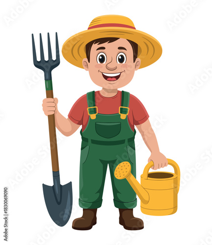Cartoon farmer with pitchfork and watering can wearing overalls and hat smiling