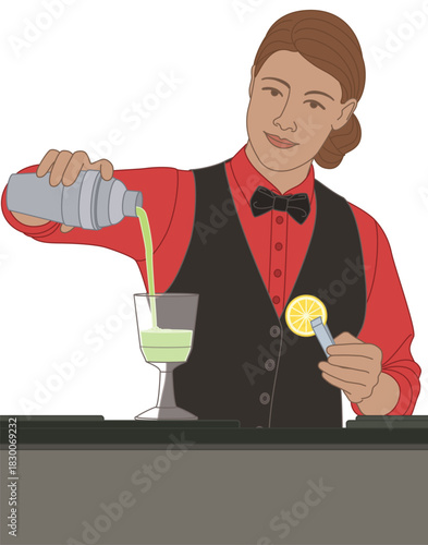 people food, female bartender pouring a mixed drink from a shaker into a glass and holding garnish isolated on a white background