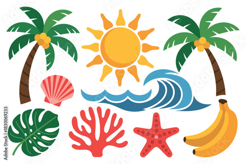Cartoon illustration of tropical beach elements with palm trees and sun