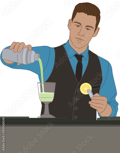 people food, male bartender pouring a mixed drink from a shaker into a glass and holding garnish isolated on a white background