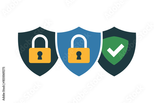 Three shields with padlocks and a checkmark representing security status