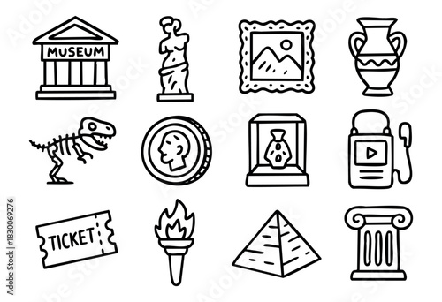 Hand-drawn doodle museum and history icons — statue, vase, dinosaur, and ticket — stock vector.