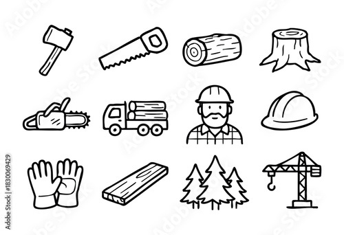 Hand-drawn doodle logging and forestry icons — saw, log, truck, and chainsaw — stock vector.