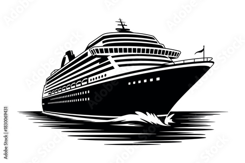 A monochrome illustration of a cruise ship sailing on water with a flag flying