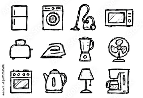 Hand-drawn doodle home appliance icons — fridge, washing machine, and microwave — stock vector.
