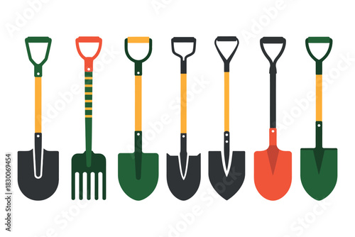 Illustration of seven shovels and a garden fork in a row on white background