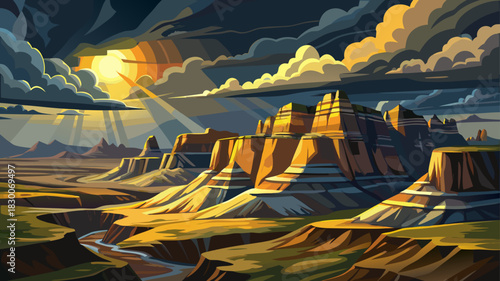 Very beautiful dramatic storm clouds illuminate layered rock formations as sunlight breaks through, creating a striking contrast across the rugged terrain of Badlands National Park.