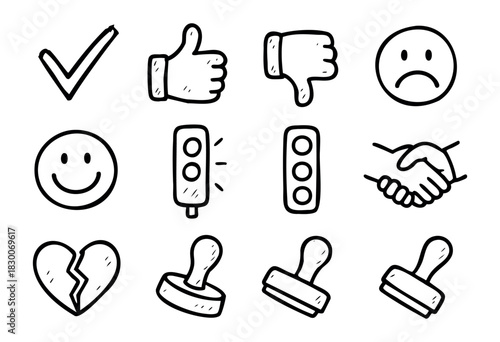 Hand-drawn doodle decision and feedback icons — check mark, cross, thumbs up, and smile — stock vector