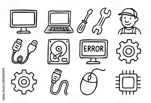 Hand-drawn doodle computer repair and service icons — monitor, wrench, screwdriver, and technician — stock vector.