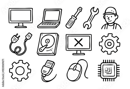 Hand-drawn doodle computer repair and service icons — monitor, wrench, screwdriver, and technician — stock vector.