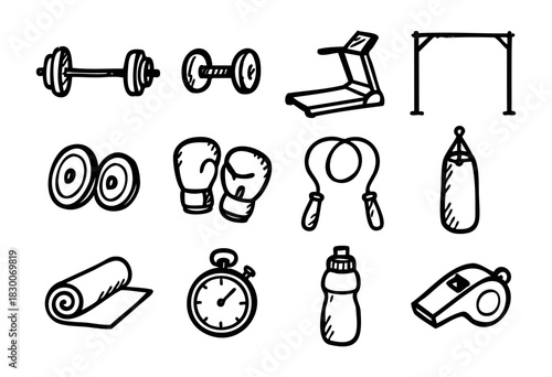 Hand-drawn doodle gym and fitness icons — dumbbell, treadmill, stopwatch, and boxing gloves — stock vector.