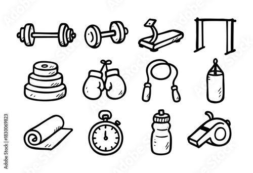 Hand-drawn doodle gym and fitness icons — dumbbell, treadmill, stopwatch, and boxing gloves — stock vector.