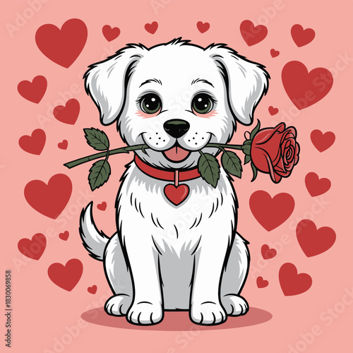 A cute white puppy sits with a red rose in its mouth surrounded by hearts.