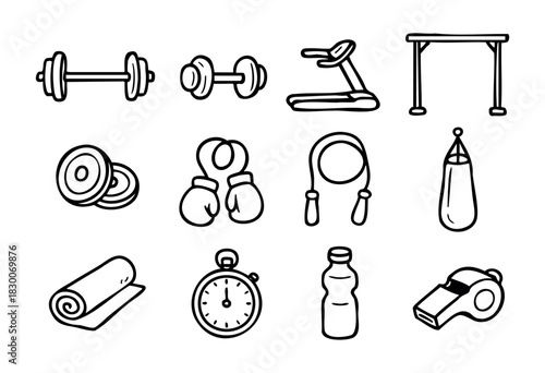 Hand-drawn doodle gym and fitness icons — dumbbell, treadmill, stopwatch, and boxing gloves — stock vector.