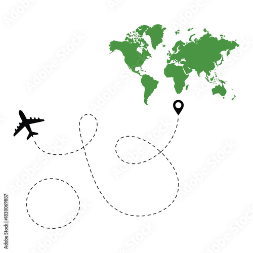 An airplane traces a dotted flight path across a world map, signifying travel and exploration.