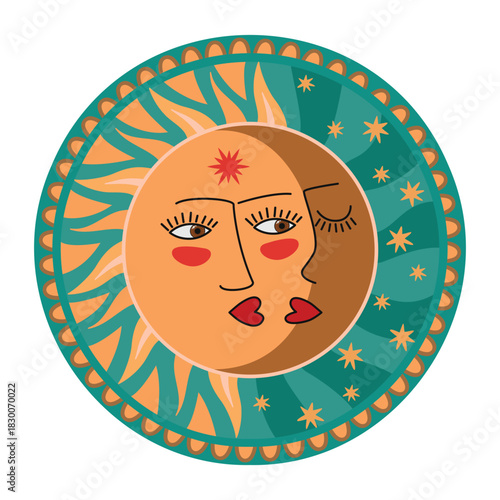 Funky Sun and Moon in colors on a white background. Magic objects with faces and decorated with stars and rays. Round frame with ornament. Night and day as one. Love-themed vector print in flat style.