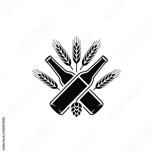 Two stylized beer bottles are crossed with barley stalks and a hop cone.