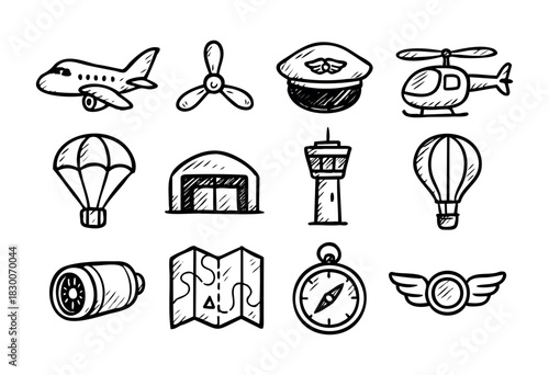 Hand-drawn doodle aviation and flight icons — airplane, propeller, and control tower — stock vector.