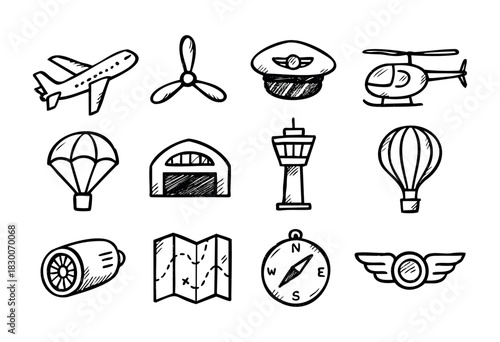 Hand-drawn doodle aviation and flight icons — airplane, propeller, and control tower — stock vector.