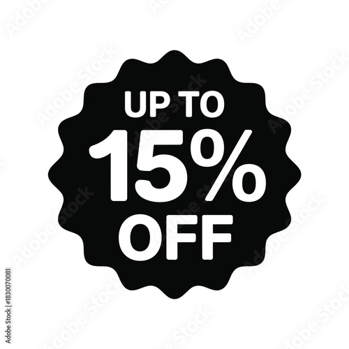 Black 'up to 15% off' sale tag with white text against a white background.